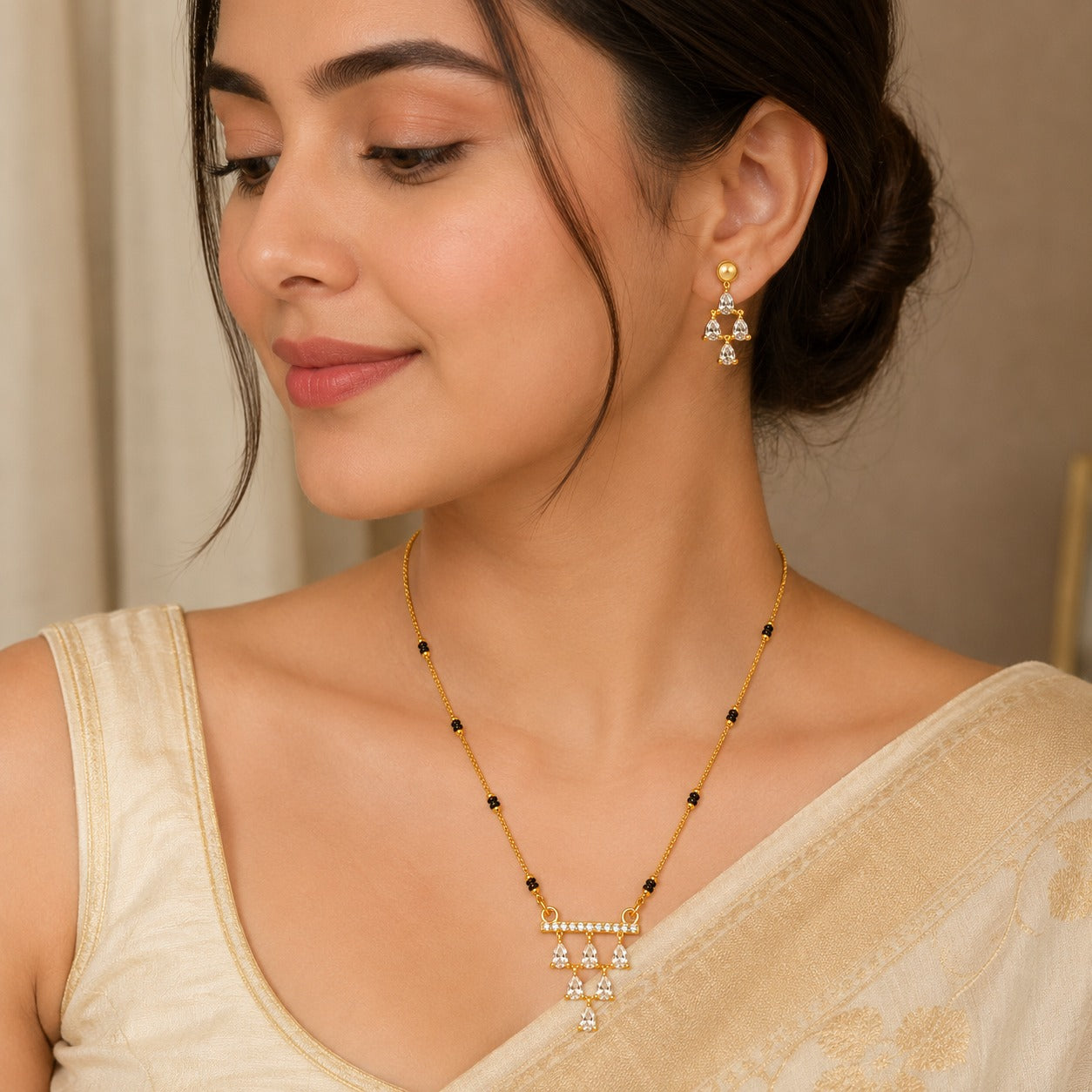 Modern American Diamond (CZ) Gold-Plated Mangalsutra.