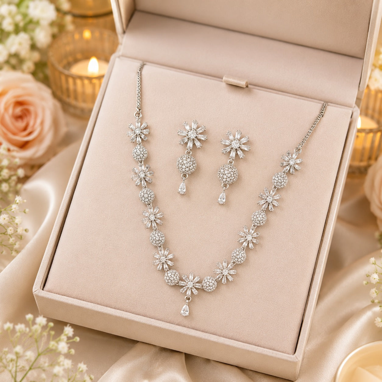 Royal American Diamond Flower Necklace with Earrings Set