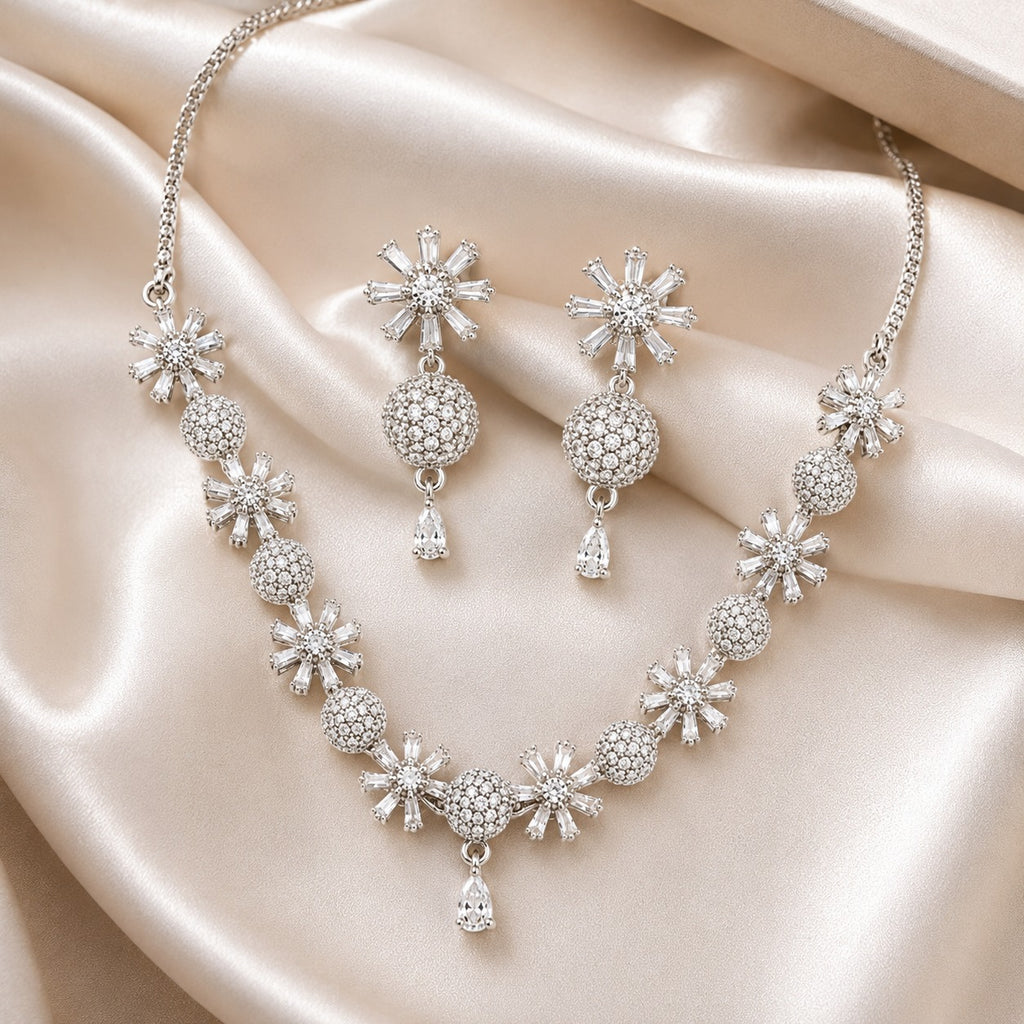 Royal American Diamond Flower Necklace with Earrings Set
