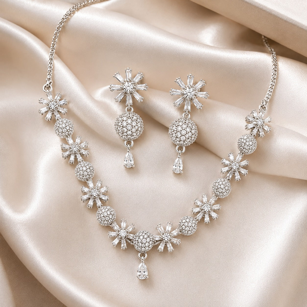 Royal American Diamond Flower Necklace with Earrings Set