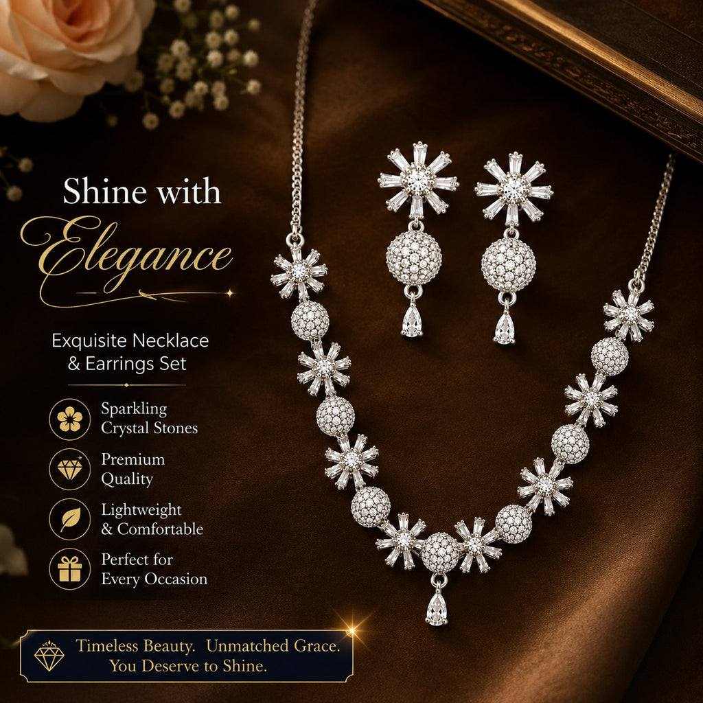 Royal American Diamond Flower Necklace with Earrings Set