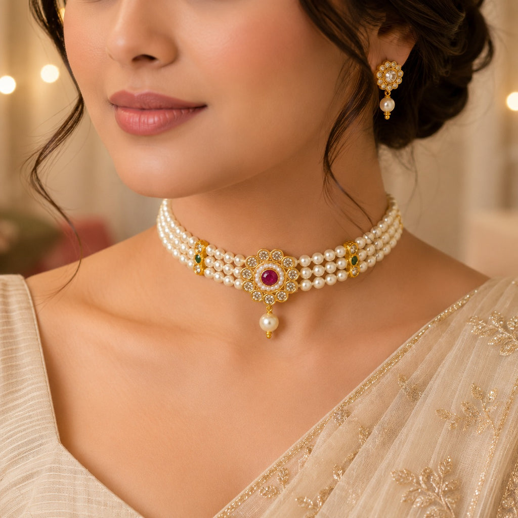 Traditional Temple Jewellery Necklace Set for Women | Antique Gold-Plated Choker with Jhumka Earrings | Bridal & Festive Jewellery