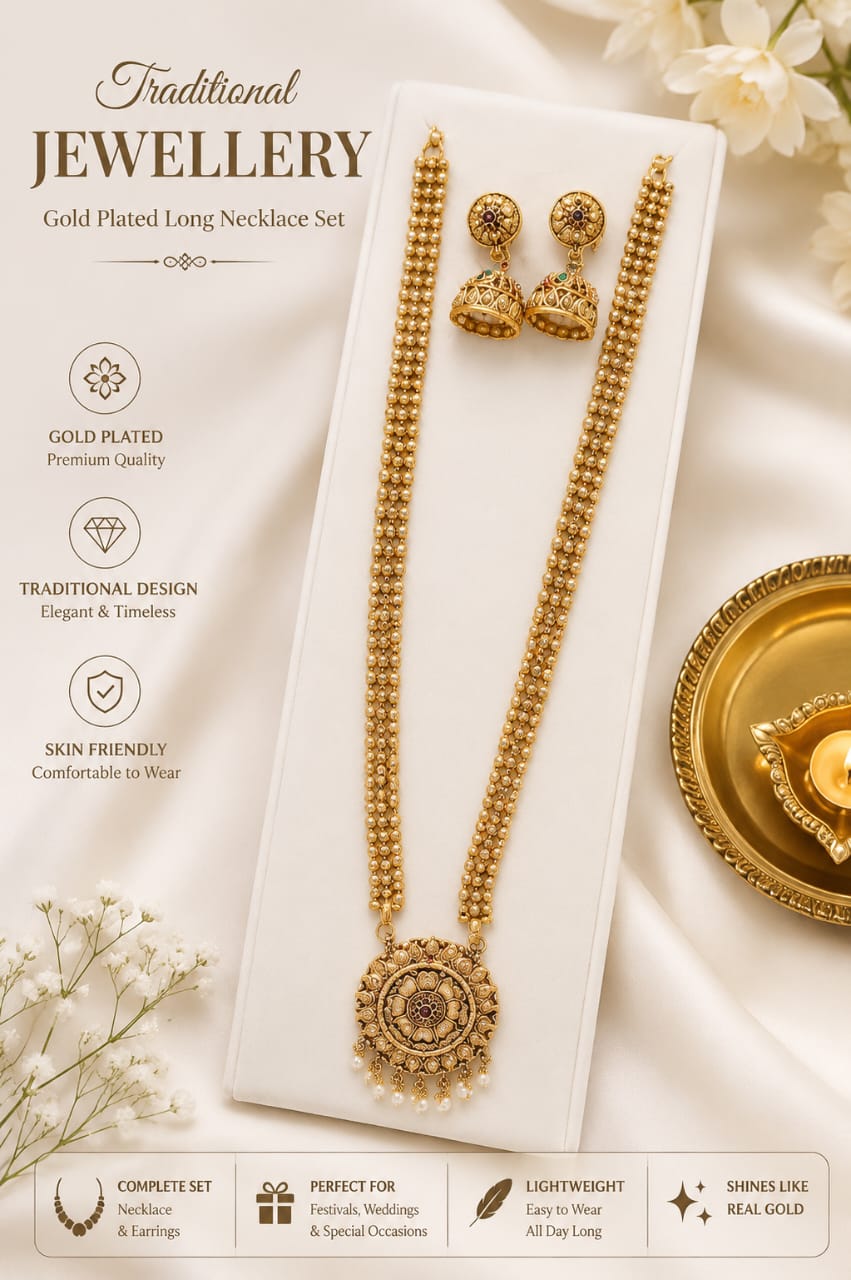 Traditional Gold Plated Long Necklace Set with Jhumka Earrings | Temple Jewellery Design