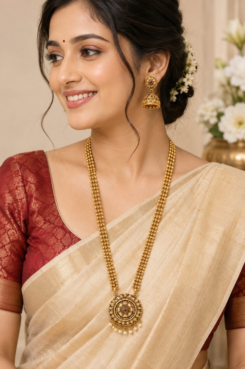 Traditional Gold Plated Long Necklace Set with Jhumka Earrings | Temple Jewellery Design