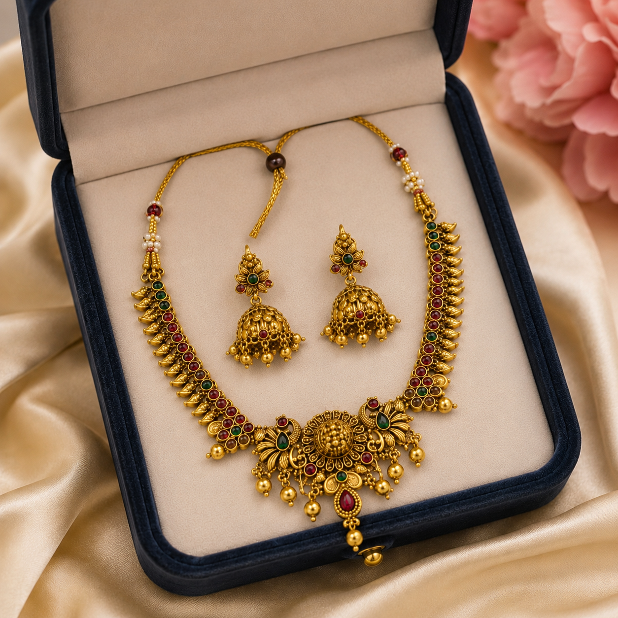 Traditional Temple Jewellery Necklace Set for Women | Antique Gold-Plated Choker with Jhumka Earrings | Bridal & Festive Jewellery