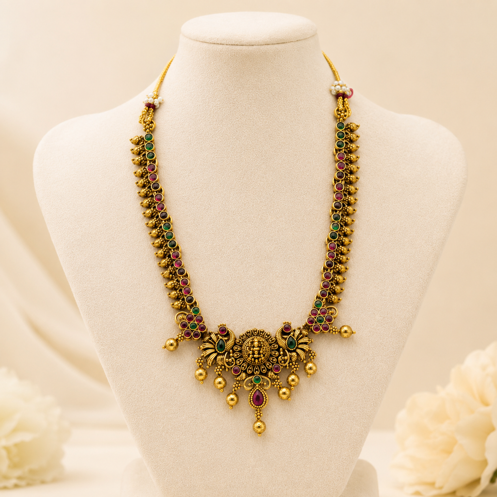 Traditional Temple Jewellery Necklace Set for Women | Antique Gold-Plated Choker with Jhumka Earrings | Bridal & Festive Jewellery