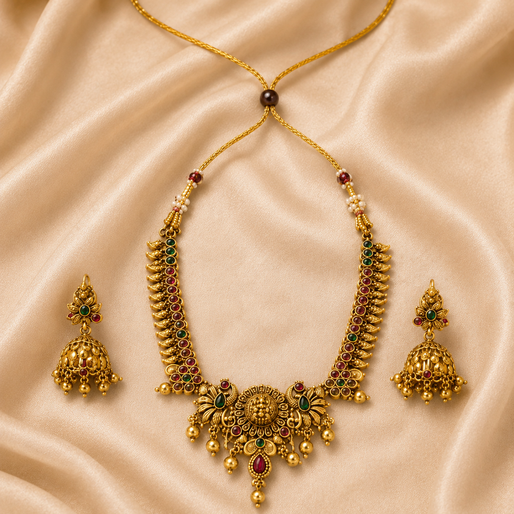 Traditional Temple Jewellery Necklace Set for Women | Antique Gold-Plated Choker with Jhumka Earrings | Bridal & Festive Jewellery
