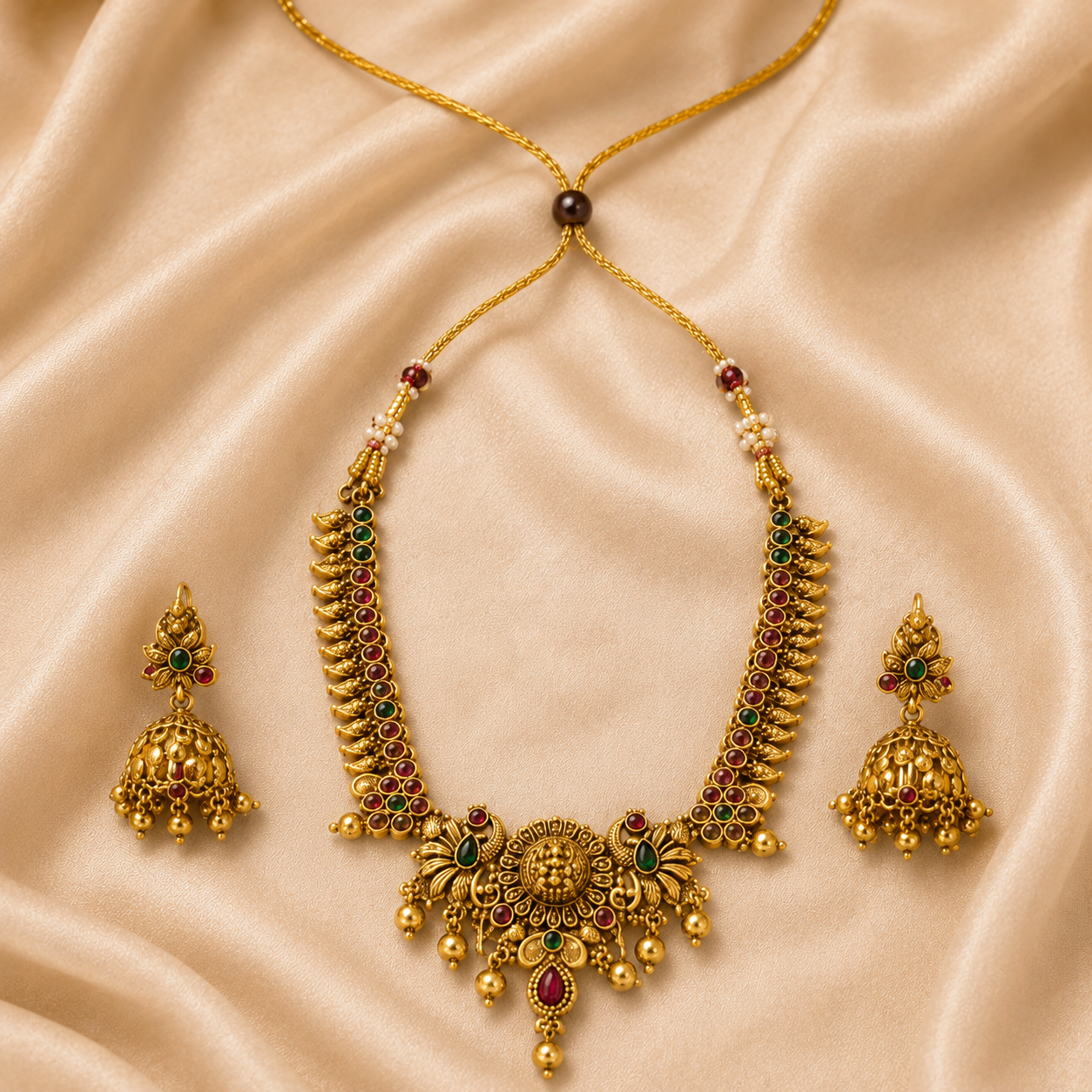 Traditional Temple Jewellery Necklace Set for Women | Antique Gold-Plated Choker with Jhumka Earrings | Bridal & Festive Jewellery